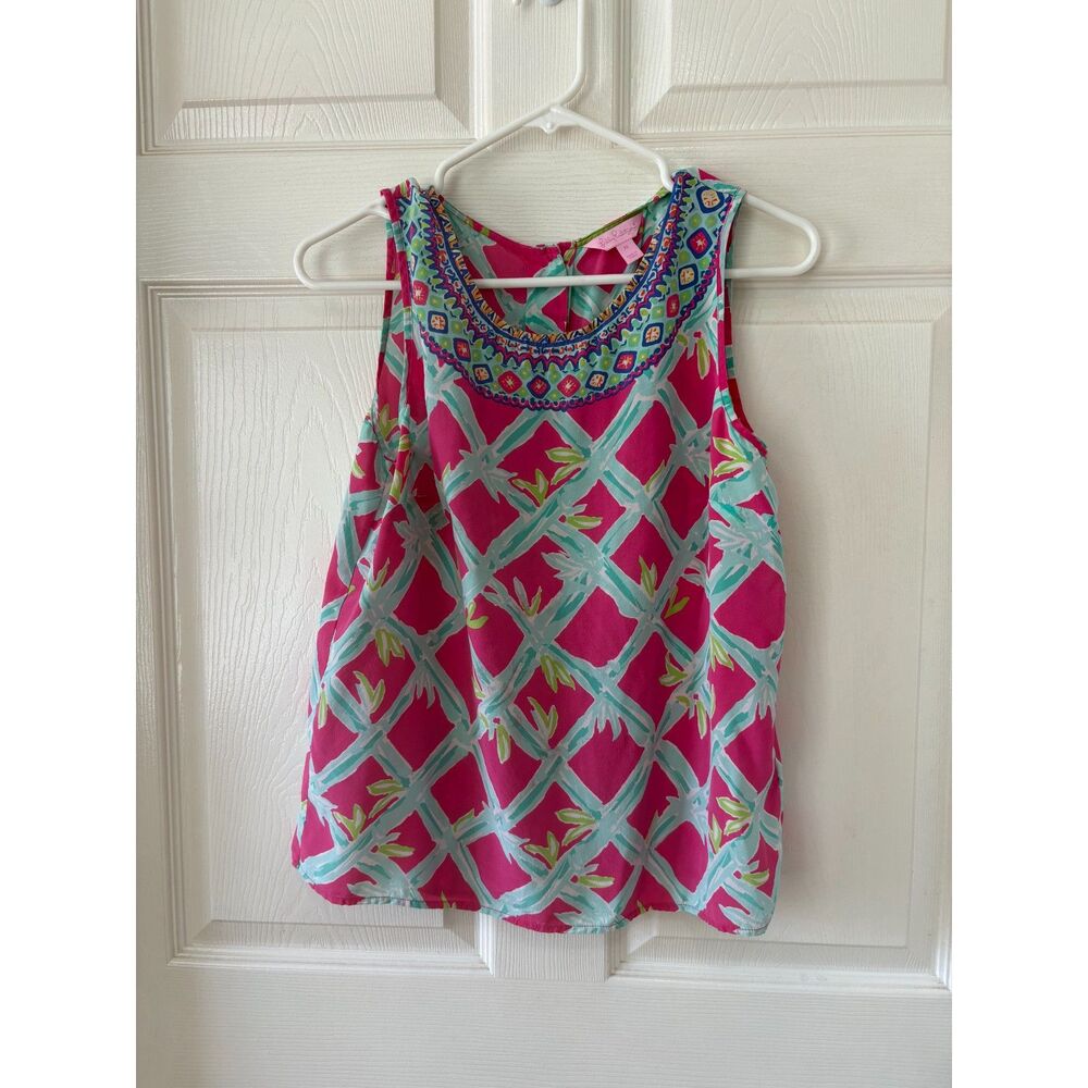 Lilly Pulitzer Iona Shell 100% Silk Sleeveless Shirt Tank Capri Pink Medium